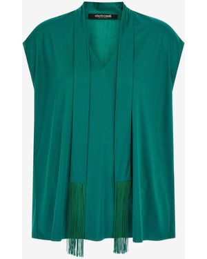 Roberto Cavalli Top With Fringed Lavallière - Green