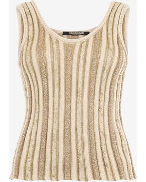 Roberto Cavalli Striped Lurex Knit Top - Natural
