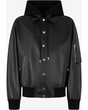 Roberto Cavalli Leather Bomber Jacket With Hood - Black