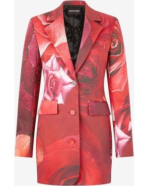 Roberto Cavalli Long Blazer With Rose Print - Red