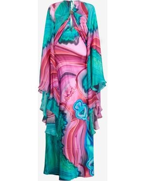 Roberto Cavalli Long Silk Dress With Cut-Out And Marble Print - White