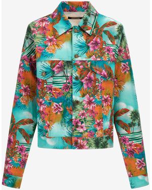 Roberto Cavalli Giubbotto Denim Stampa Hawaii - Bianco