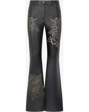 Roberto Cavalli Leather Pants With Perforated Roses - Black