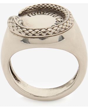 Roberto Cavalli Anello Con Serpente E Logo - Bianco