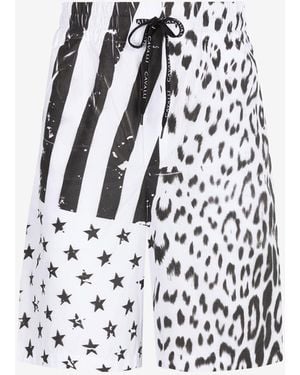 Roberto Cavalli Shorts Sportivi Con Bandiera E Stampa Leopard - Bianco