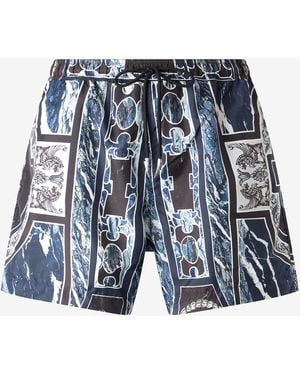 Roberto Cavalli Swim Shorts With Fang And Marble Print - Blue