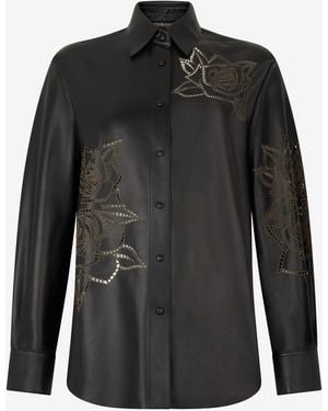 Roberto Cavalli Leather Shirt With Perforated Roses - Black