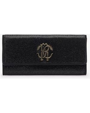 Roberto Cavalli Clutch With Crystals And Mirror Snake Monogram - Black
