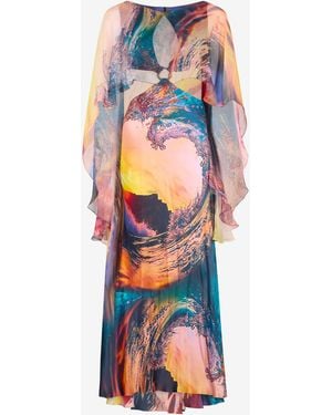 Roberto Cavalli Itaca Print Long Dress With Cape - White