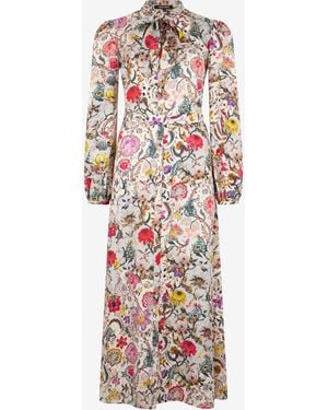 Roberto Cavalli Long Silk Dress With Florentine Flowers Print - White