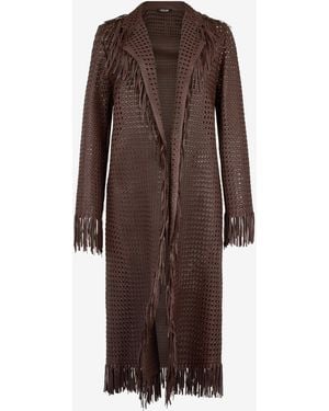 Roberto Cavalli Woven Leather Coat With Fringes - Brown