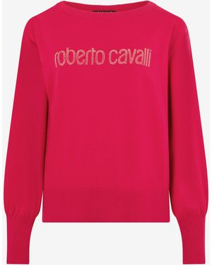 Roberto Cavalli Fuchsia Sweater With Crystal Logo - Red