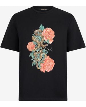 Roberto Cavalli T-Shirt With Snake Floral Print - Black
