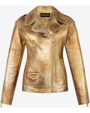 Roberto Cavalli Laminated Leather Biker Jacket - Natural