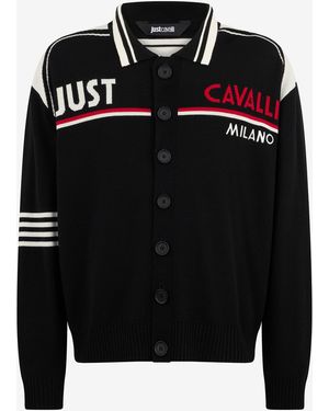 Roberto Cavalli Knit Cardigan With Polo Collar And Logo - Black