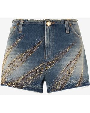 Roberto Cavalli Shorts With Studded And Rhinestone-Detailed Zebra Pattern - Blue