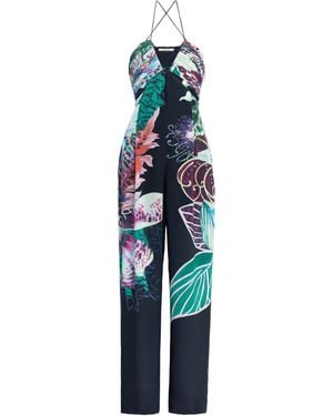 Roberto Cavalli Exotic Flora Print Silk Jumpsuit - Blue