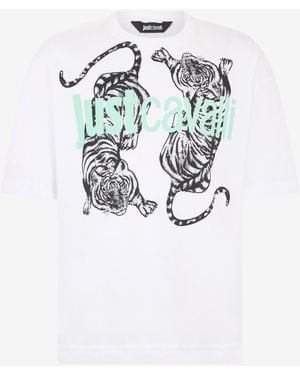 Roberto Cavalli T-Shirt With Tiger Graphic And Logo - White