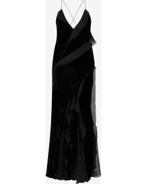 Roberto Cavalli Vestido Lencero De Terciopelo Con Volantes De Gasa De Seda - Negro