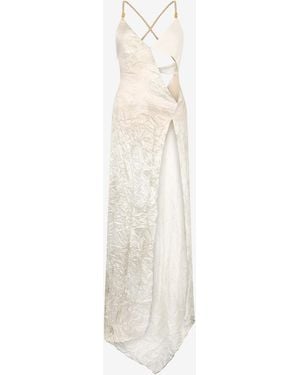 Roberto Cavalli Ivory Silk Maxi Dress Crinkled - White
