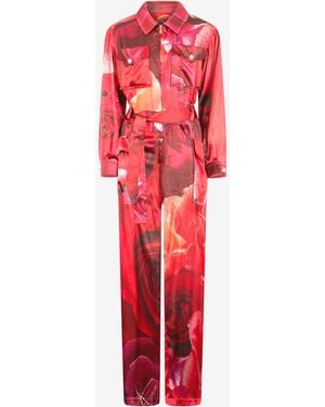 Roberto Cavalli Rose-Print Shirt-Style Jumpsuit - Red