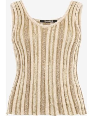 Roberto Cavalli Striped Lurex Knit Top - Natural