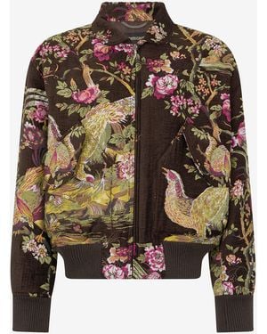 Roberto Cavalli Bomber Jacket With Oriental Bird Print - Brown