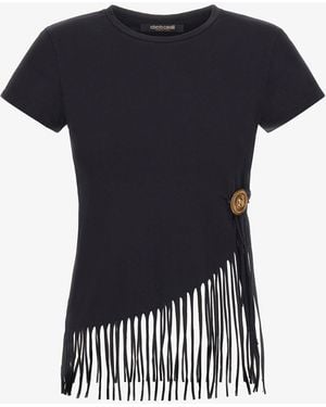 Roberto Cavalli Fringe Trim T-Shirt - Black