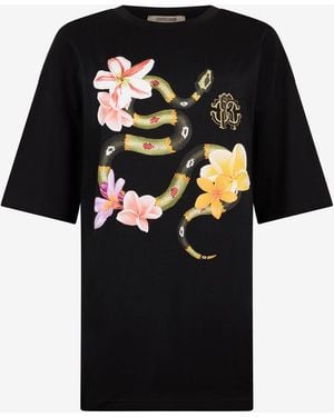 Roberto Cavalli Snake And Flower Print T-Shirt - Black