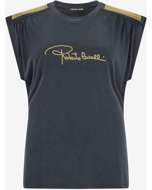 Roberto Cavalli Anthracite T-Shirt With Studded Shoulders - Blue