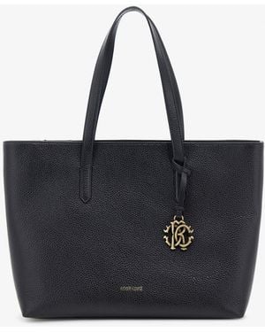 Roberto Cavalli Leather Shopper Bag With Rc Charm - Black