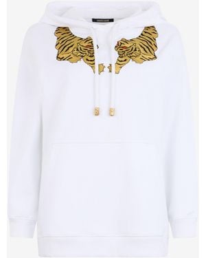 Roberto Cavalli Sweatshirt Hoodie With Tiger Embroidery - White
