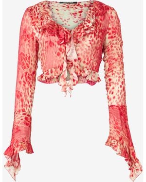 Roberto Cavalli Crop Top Con Volant E Stampa Jaguar Skin - Rosso