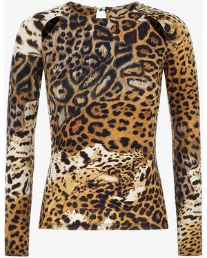 Roberto Cavalli Jaguar Skin Print Long-Sleeved T-Shirt - Black