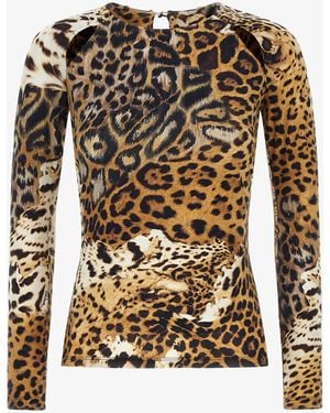 Roberto Cavalli Jaguar Skin Print Long-Sleeved T-Shirt - Black