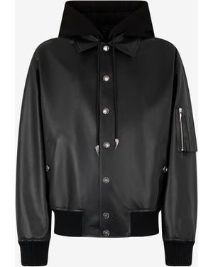 Roberto Cavalli Leather Bomber Jacket With Hood - Black