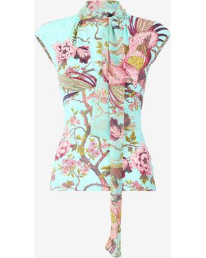 Roberto Cavalli Top Con Stampa Fiori E Fagiano - Bianco