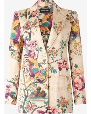 Roberto Cavalli Silk Blazer With Oriental Bird Print - White