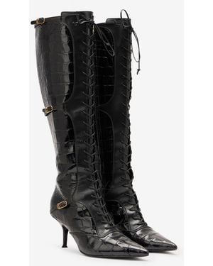 Roberto Cavalli Pointed Lace-Up Boots With Crocodile Effect - Black
