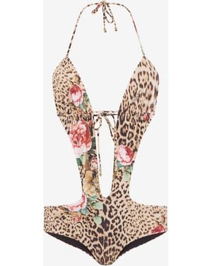 Roberto Cavalli Jaguar Roses Print One-Piece Swimsuit - White