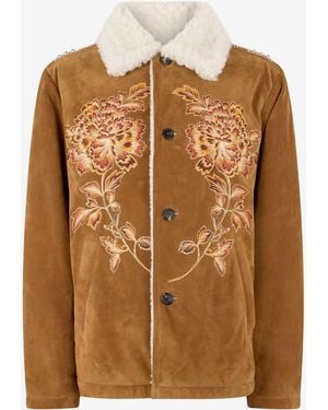 Roberto Cavalli Suede Leather Jacket With Flowers And Tigers - Brown