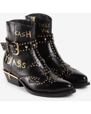 Roberto Cavalli Studded Slogan-Print Western Boots - Black