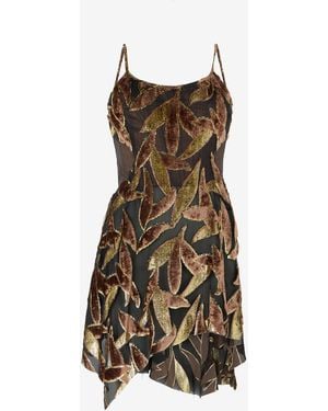 Roberto Cavalli Chocolate Sheer Mini Dress With Foliage Motif - Multicolor