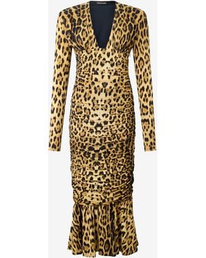 Roberto Cavalli Midi Dress With Jaguar Skin Print - Brown