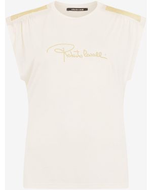 Roberto Cavalli Ivory T-Shirt With Logo And Embellishments - White