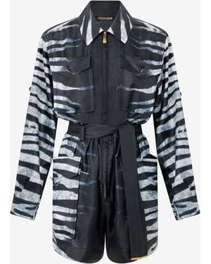 Roberto Cavalli Short Silk Dress With Zebra Print - Black