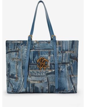 Roberto Cavalli Denim Patchwork Print Shopping Bag - Blue