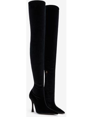 Roberto Cavalli Satin Pointed-Toe Thigh High Boots - Black