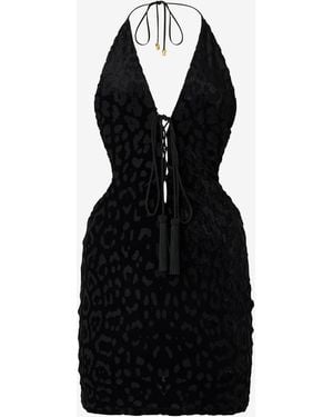 Roberto Cavalli Mini Dress With Jaguar Skin Pattern And Tassels - Black
