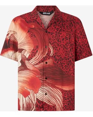Roberto Cavalli Shirt With Maxi Floral And Jaguar Skin Print - Red